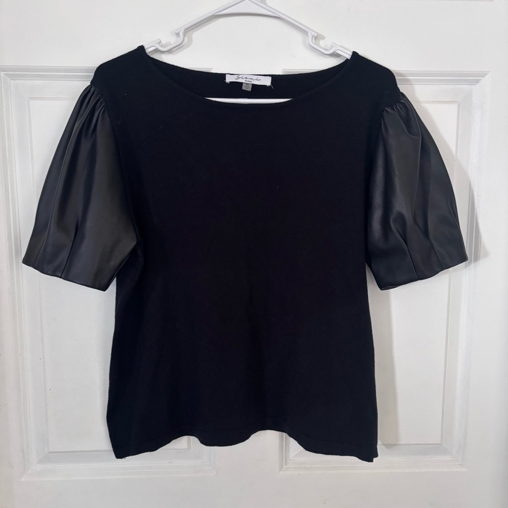 Siani Milano Black Shirt with Faux Leather Puff Sleeves Size XL